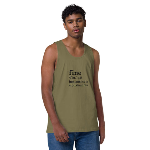 Military-Green product with 'Define Fine Mens Tank Top (Black Print)' design — Burnout clothing for the emotionally ventilated.