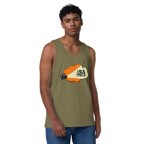 Military-Green product with 'I Cry In 4K Men‚Äö√Ñ√∂‚àö√ë‚àö¬•s Tank Top' design — for soft rebellion and everyday emotional expression.