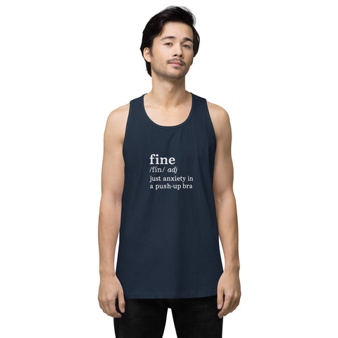 Navy product with 'Define Fine Men‚Äö√Ñ√∂‚àö√ë‚àö¬•s Tank Top (White Print)' design — for soft rebellion and everyday emotional expression.