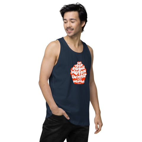 Navy-Right product with 'Not Your Average Muffin Mens Tank Top' design — Burnout clothing for the emotionally complex himbo era.