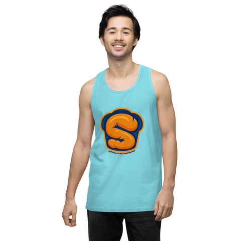 Pacific-Blue product with 'Softness Is My Superpower Mens Tank Top' design — Funny therapy shirts that flex with feeling.