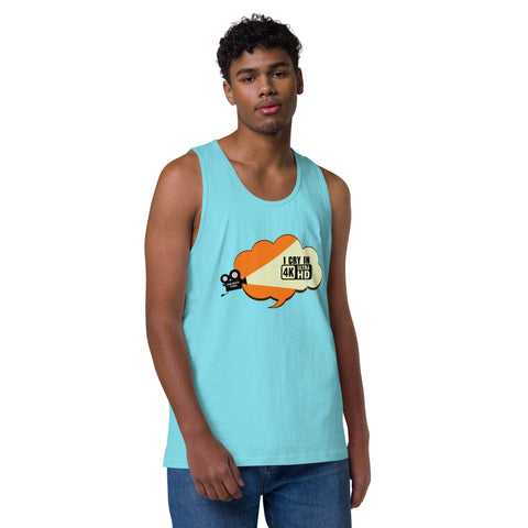 Pacific-Blue product with 'I Cry In 4K Men‚Äö√Ñ√∂‚àö√ë‚àö¬•s Tank Top' design — for soft rebellion and everyday emotional expression.