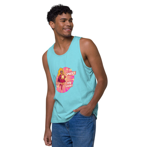 Pacific-Blue-Left product with 'I Sparkle, You Squint Drag Queen Supreme Mens Tank Top' design — Unhinged fashion.