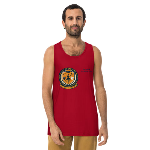 Red product with 'School of Emotional Choreography Mens Tank Top' design — Unhinged fashion for bros with burnout and a minor in emotional fluency.