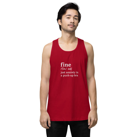 Red product with 'Define Fine Men‚Äö√Ñ√∂‚àö√ë‚àö¬•s Tank Top (White Print)' design — for soft rebellion and everyday emotional expression.