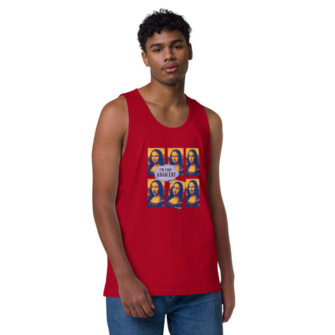 Red product with 'Im Fine-Adjacent Men‚Äö√Ñ√∂‚àö√ë‚àö¬•s Tank Top' design — for soft rebellion and everyday emotional expression.