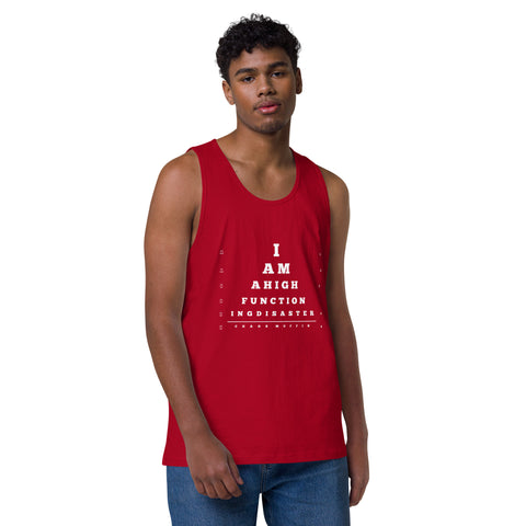 Red product with 'High Functioning Disaster Men‚Äö√Ñ√∂‚àö√ë‚àö¬•s Tank Top (White Print)' design — for soft rebellion and everyday emotional expression.