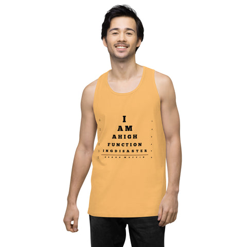 Squash product with 'High Functioning Disaster Men‚Äö√Ñ√∂‚àö√ë‚àö¬•s Tank Top (Black Print)' design — for soft rebellion and everyday emotional expression.