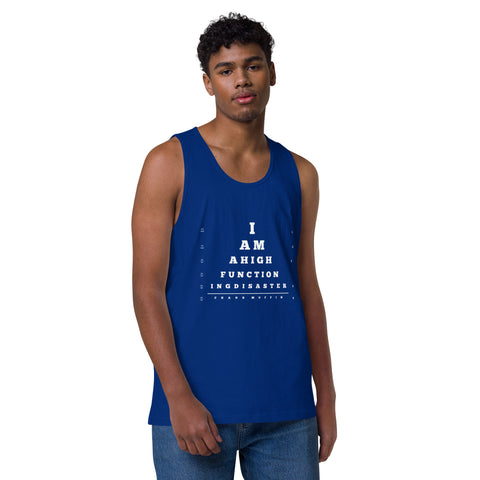 Team-Royal product with 'High Functioning Disaster Men‚Äö√Ñ√∂‚àö√ë‚àö¬•s Tank Top (White Print)' design — for soft rebellion and everyday emotional expression.