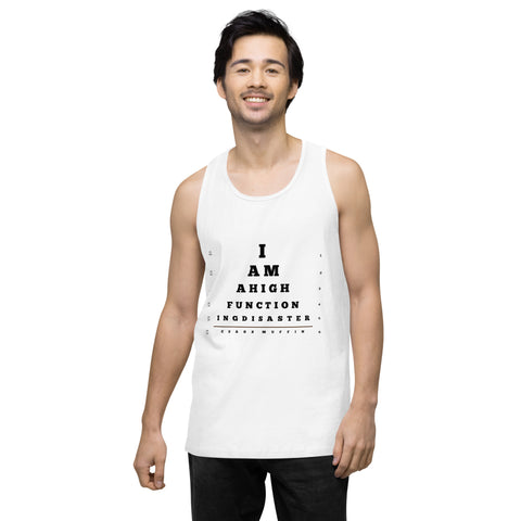 White product with 'High Functioning Disaster Men‚Äö√Ñ√∂‚àö√ë‚àö¬•s Tank Top (Black Print)' design — for soft rebellion and everyday emotional expression.
