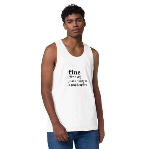 White product with 'Define Fine Mens Tank Top (Black Print)' design — Burnout clothing for the emotionally ventilated.