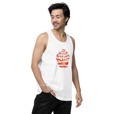 White-Right product with 'Not Your Average Muffin Mens Tank Top' design — Burnout clothing for the emotionally complex himbo era.