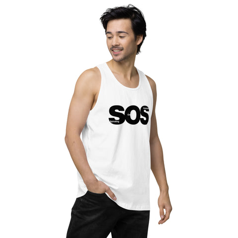 White product with 'SOS Men‚Äö√Ñ√∂‚àö√ë‚àö¬•s Tank Top White' design — for soft rebellion and everyday emotional expression.