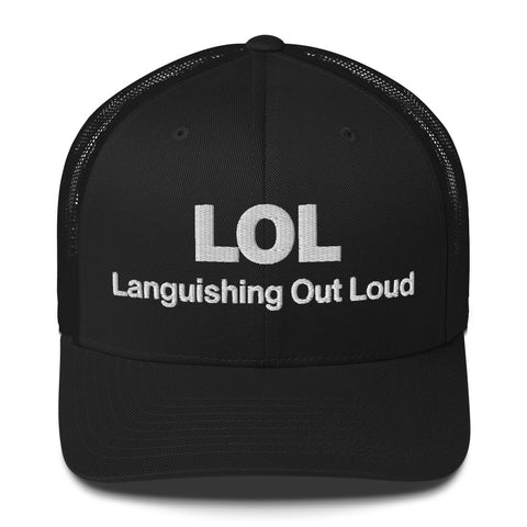 Black retro trucker hat with 'LOL Retro Hat (White Thread)' design — Funny mental health merch with full sass protection.
