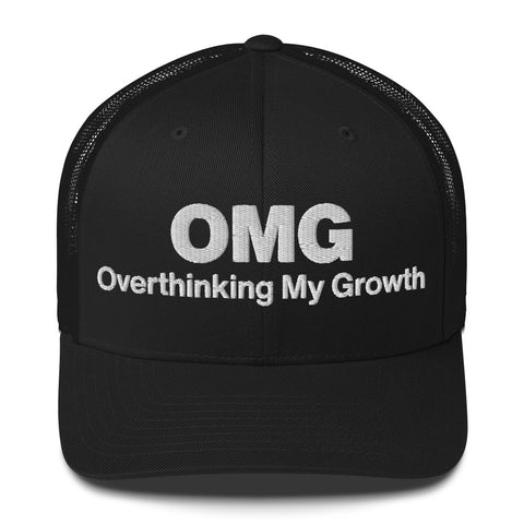 Black retro trucker hat with 'OMG Retro Hat (White Thread)' design — Funny mental health merch that doubles as a Thinking Cap—mesh in the back, spiral in the front.