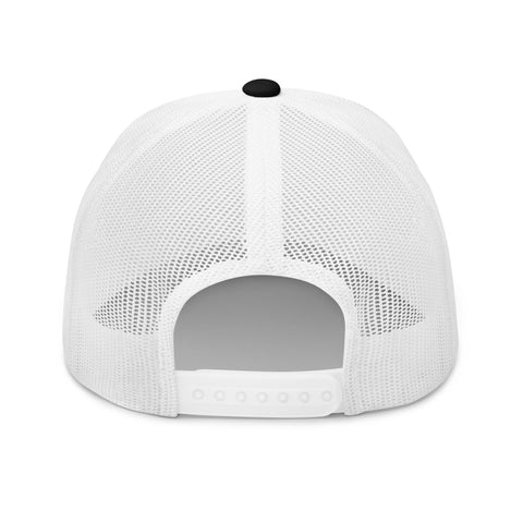 Black White retro trucker hat with 'SOS Retro Hat (White Thread)' design — Unhinged fashion for crisis ventilation.