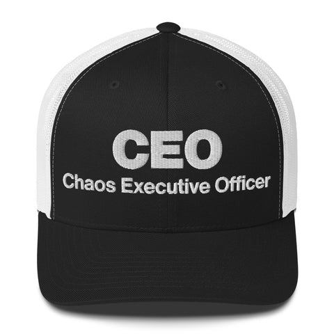 Black White retro trucker hat with 'CEO Retro Hat (White Thread)' design — Unhinged fashion with mesh for airflow and mood swings.