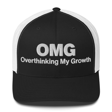 Black White retro trucker hat with 'OMG Retro Hat (White Thread)' design — Funny mental health merch that doubles as a Thinking Cap—mesh in the back, spiral in the front.