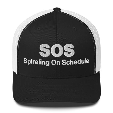 Black White retro trucker hat with 'SOS Retro Hat (White Thread)' design — Unhinged fashion for crisis ventilation.