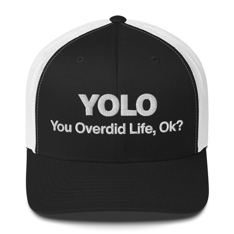 Black White retro trucker hat with 'YOLO Retro Hat (White Thread)' design — Emotional support fashion with shade and ventilation.
