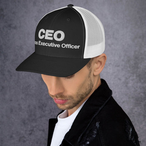 Black White retro trucker hat with 'CEO Retro Hat (White Thread)' design — Unhinged fashion with mesh for airflow and mood swings.