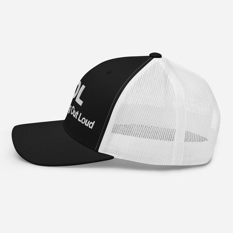 Black White retro trucker hat with 'LOL Retro Hat (White Thread)' design — Funny mental health merch with full sass protection.