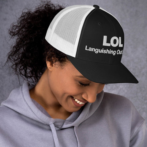 Black White retro trucker hat with 'LOL Retro Hat (White Thread)' design — Funny mental health merch with full sass protection.