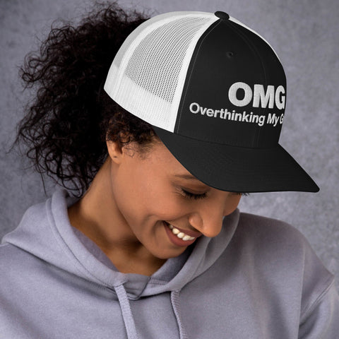 Black White retro trucker hat with 'OMG Retro Hat (White Thread)' design — Funny mental health merch that doubles as a Thinking Cap—mesh in the back, spiral in the front.