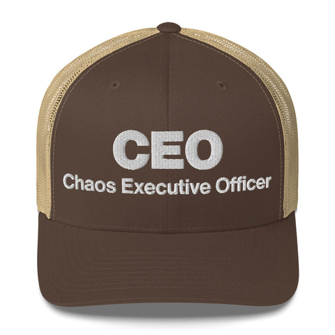 Brown Khaki retro trucker hat with 'CEO Retro Hat (White Thread)' design — Unhinged fashion with mesh for airflow and mood swings.