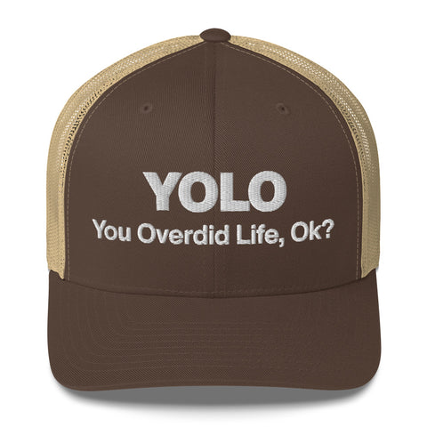 Brown Khaki retro trucker hat with 'YOLO Retro Hat (White Thread)' design — Emotional support fashion with shade and ventilation.