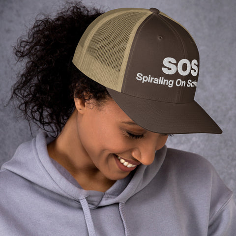 Brown Khaki retro trucker hat with 'SOS Retro Hat (White Thread)' design — Unhinged fashion for crisis ventilation.