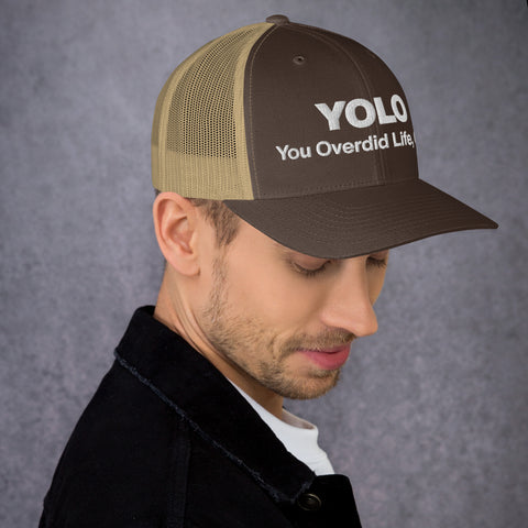 Brown Khaki retro trucker hat with 'YOLO Retro Hat (White Thread)' design — Emotional support fashion with shade and ventilation.