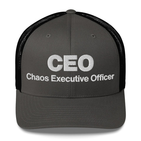 Charcoal Black retro trucker hat with 'CEO Retro Hat (White Thread)' design — Unhinged fashion with mesh for airflow and mood swings.