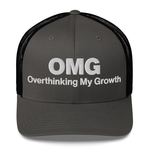 Charcoal Black retro trucker hat with 'OMG Retro Hat (White Thread)' design — Funny mental health merch that doubles as a Thinking Cap—mesh in the back, spiral in the front.