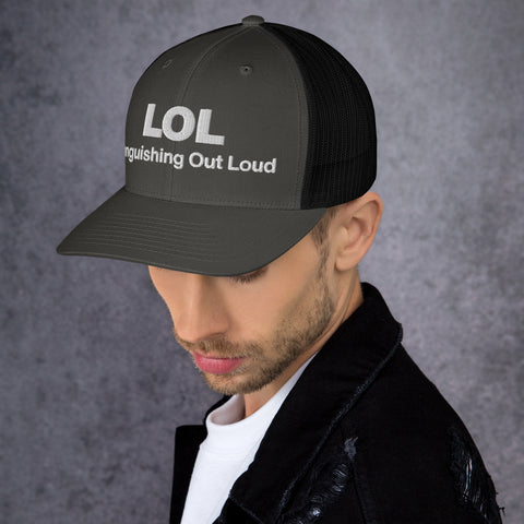 Charcoal Black retro trucker hat with 'LOL Retro Hat (White Thread)' design — Funny mental health merch with full sass protection.