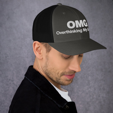 Charcoal Black retro trucker hat with 'OMG Retro Hat (White Thread)' design — Funny mental health merch that doubles as a Thinking Cap—mesh in the back, spiral in the front.
