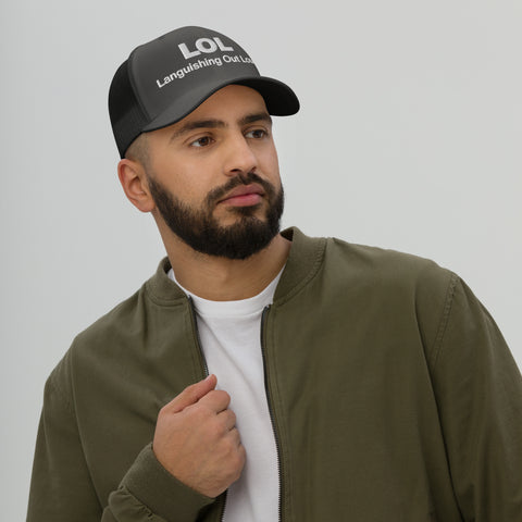 Charcoal retro trucker hat with 'LOL Retro Hat (White Thread)' design — Funny mental health merch with full sass protection.