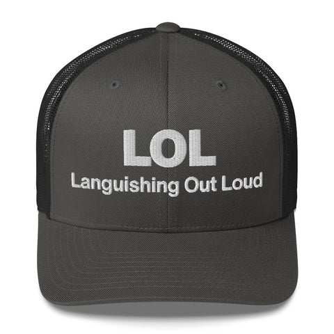 Charcoal retro trucker hat with 'LOL Retro Hat (White Thread)' design — Funny mental health merch with full sass protection.