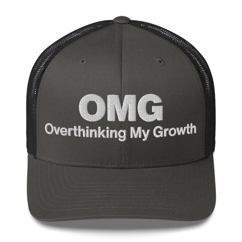 Charcoal retro trucker hat with 'OMG Retro Hat (White Thread)' design — Funny mental health merch that doubles as a Thinking Cap—mesh in the back, spiral in the front.