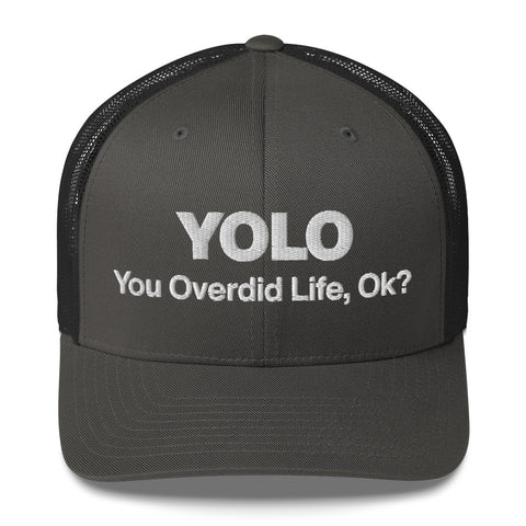 Charcoal retro trucker hat with 'YOLO Retro Hat (White Thread)' design — Emotional support fashion with shade and ventilation.