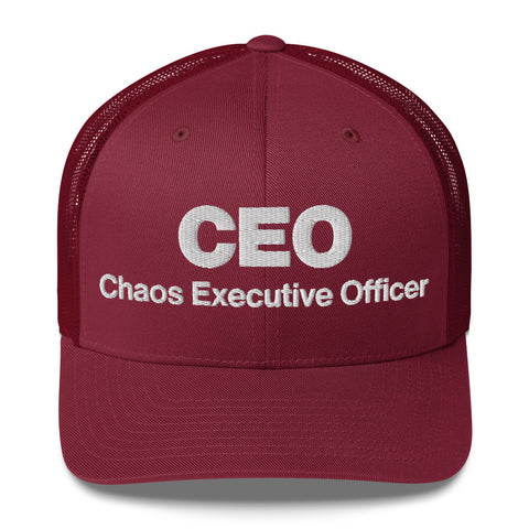 Cranberry retro trucker hat with 'CEO Retro Hat (White Thread)' design — Unhinged fashion with mesh for airflow and mood swings.