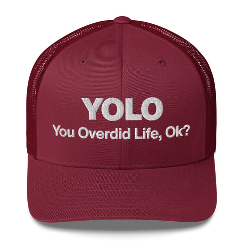 Cranberry retro trucker hat with 'YOLO Retro Hat (White Thread)' design — Emotional support fashion with shade and ventilation.