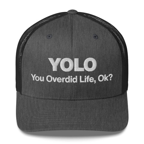 Dark Heather Gray retro trucker hat with 'YOLO Retro Hat (White Thread)' design — Emotional support fashion with shade and ventilation.