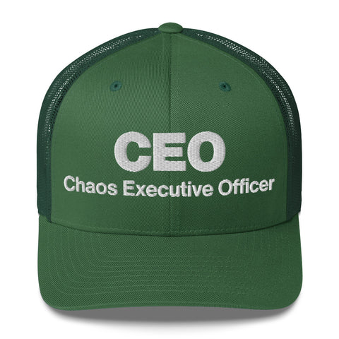 Evergreen retro trucker hat with 'CEO Retro Hat (White Thread)' design — Unhinged fashion with mesh for airflow and mood swings.