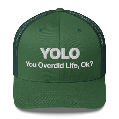 Evergreen retro trucker hat with 'YOLO Retro Hat (White Thread)' design — Emotional support fashion with shade and ventilation.