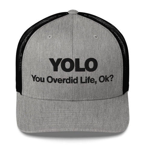 Heather Black retro trucker hat with 'YOLO Retro Hat (Black Thread)' design — Emotional support fashion with shade and ventilation.