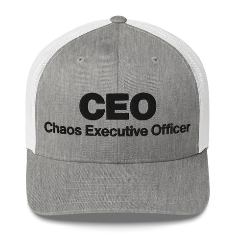 Heather Grey White retro trucker hat with 'CEO Retro Hat (Black Thread)' design — Unhinged fashion with mesh for airflow and mood swings.