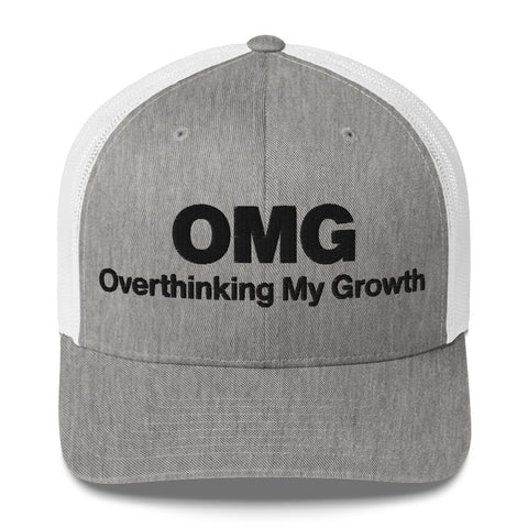 Heather Grey White retro trucker hat with 'OMG Retro Hat (Black Thread)' design — Funny mental health merch that doubles as a Thinking Cap—mesh in the back, spiral in the front.