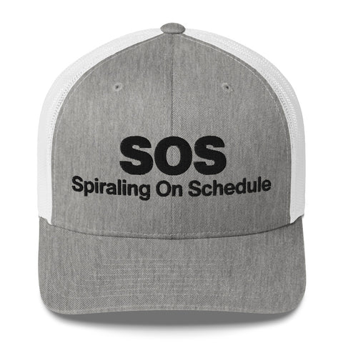 Heather Grey White retro trucker hat with 'SOS Retro Hat (Black Thread)' design — Unhinged fashion for crisis ventilation.