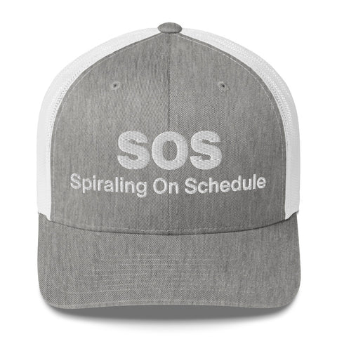 Heather Grey White retro trucker hat with 'SOS Retro Hat (White Thread)' design — Unhinged fashion for crisis ventilation.